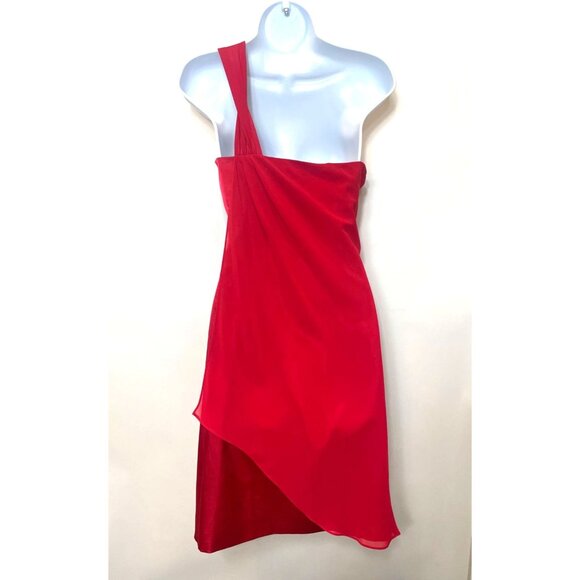 Max & Cleo Crimson Red One Shoulder Dress Ruffle Bow Sheer Overlay Size 10 - Picture 4 of 11